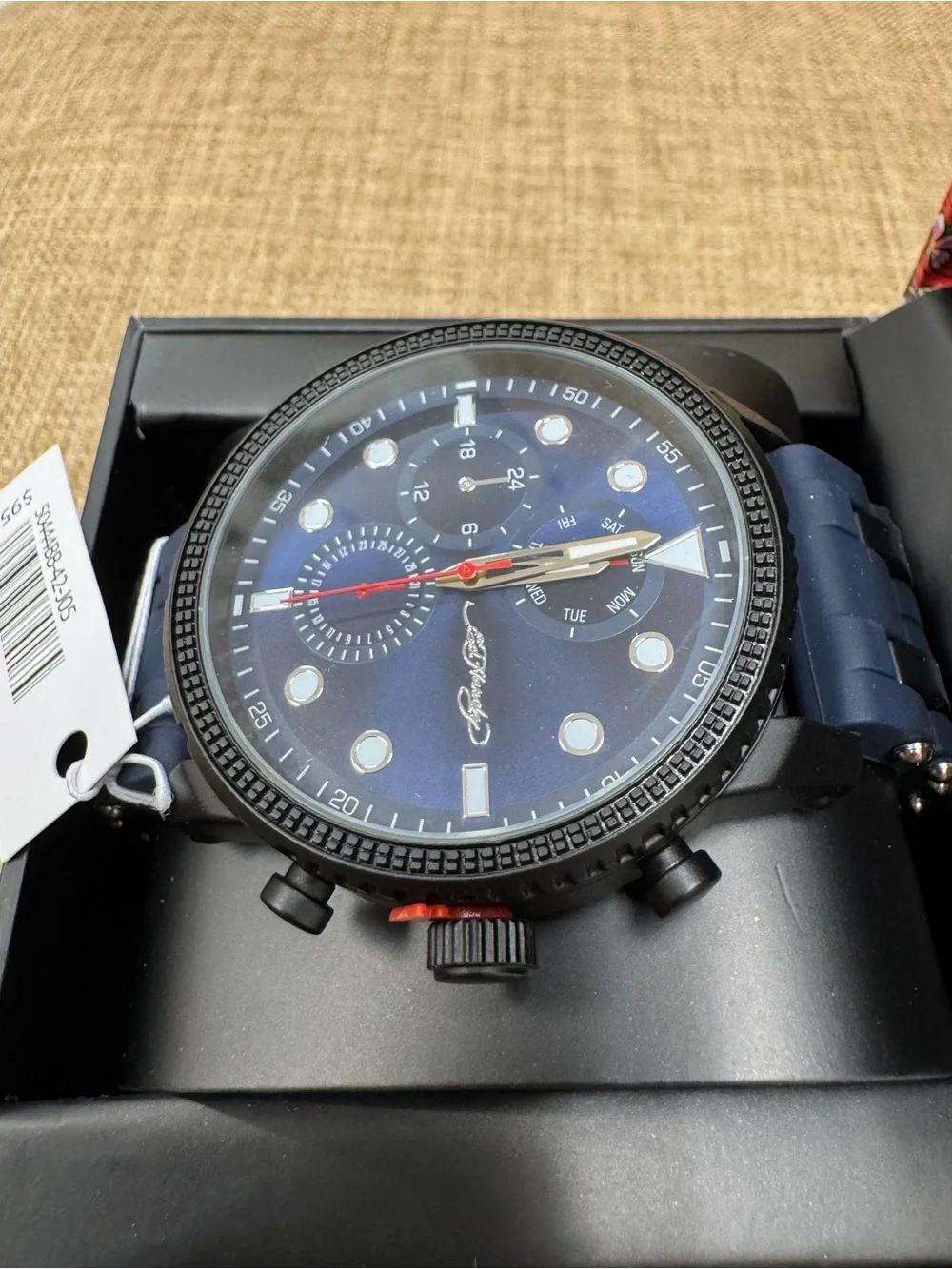 Ed Hardy Men’s Quartz Blue Dial Watch Black Metal Case Blue Rubber Strap Box